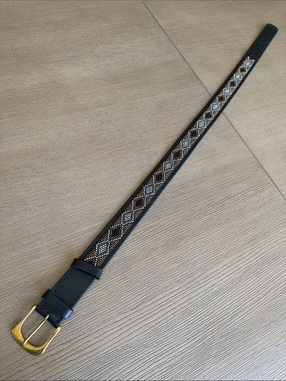 NWOT Hand-beaded dark brown natural leather belt, unisex, size S